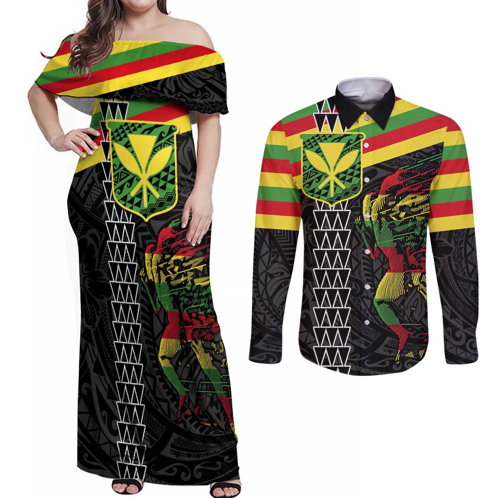 Kanaka Maoli Running Couples Matching Off Shoulder Maxi Dress and Long Sleeve Button Shirt Kakau Pattern with Kanaka Maoli Flag Color LT03 Black - Polynesian Pride