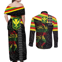 Kanaka Maoli Running Couples Matching Off Shoulder Maxi Dress and Long Sleeve Button Shirt Kakau Pattern with Kanaka Maoli Flag Color