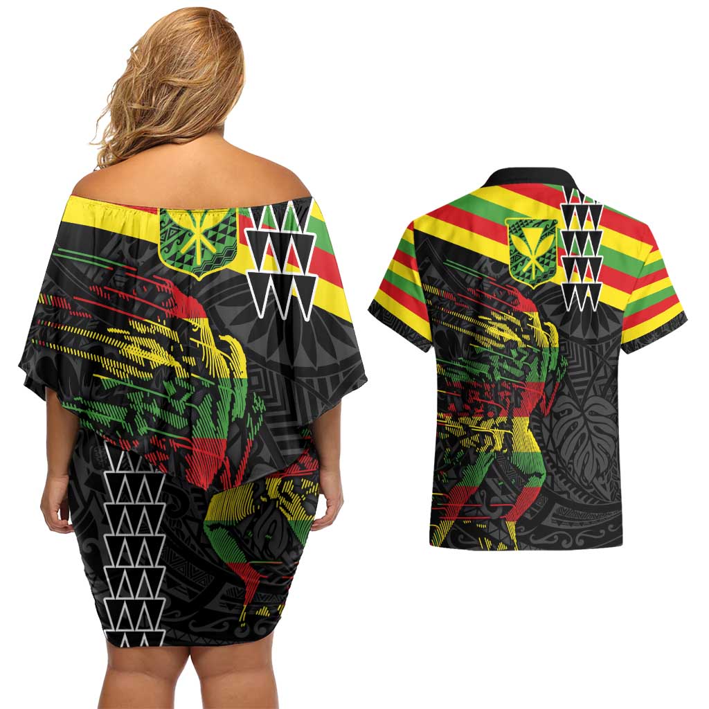 Kanaka Maoli Running Couples Matching Off Shoulder Short Dress and Hawaiian Shirt Kakau Pattern with Kanaka Maoli Flag Color
