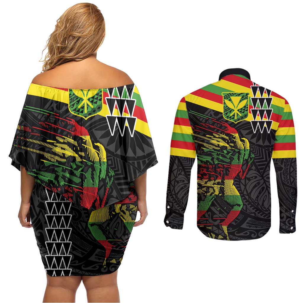 Kanaka Maoli Running Couples Matching Off Shoulder Short Dress and Long Sleeve Button Shirt Kakau Pattern with Kanaka Maoli Flag Color