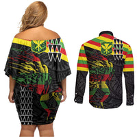 Kanaka Maoli Running Couples Matching Off Shoulder Short Dress and Long Sleeve Button Shirt Kakau Pattern with Kanaka Maoli Flag Color