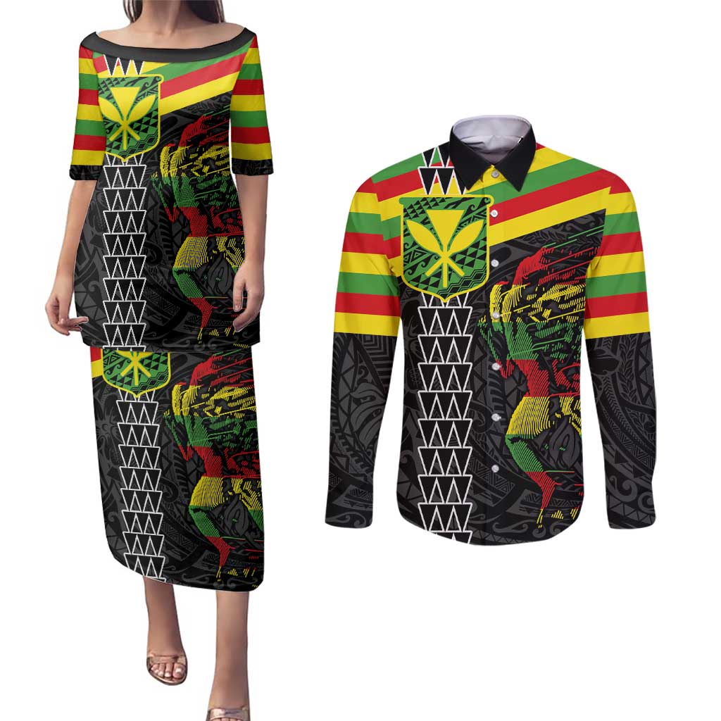 Kanaka Maoli Running Couples Matching Puletasi and Long Sleeve Button Shirt Kakau Pattern with Kanaka Maoli Flag Color LT03 Black - Polynesian Pride