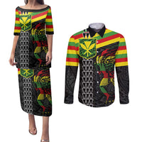 Kanaka Maoli Running Couples Matching Puletasi and Long Sleeve Button Shirt Kakau Pattern with Kanaka Maoli Flag Color