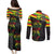 Kanaka Maoli Running Couples Matching Puletasi and Long Sleeve Button Shirt Kakau Pattern with Kanaka Maoli Flag Color
