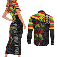 Kanaka Maoli Running Couples Matching Short Sleeve Bodycon Dress and Long Sleeve Button Shirt Kakau Pattern with Kanaka Maoli Flag Color