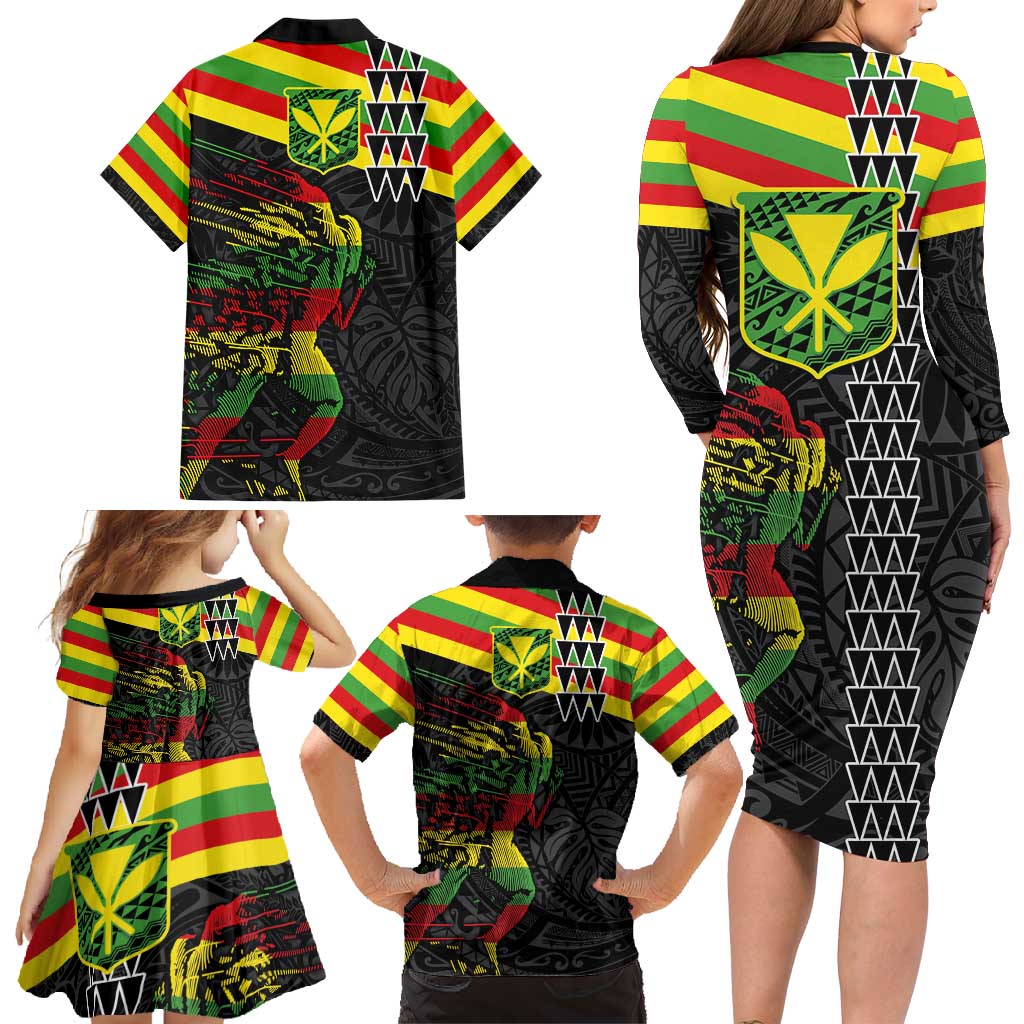 Kanaka Maoli Running Family Matching Long Sleeve Bodycon Dress and Hawaiian Shirt Kakau Pattern with Kanaka Maoli Flag Color