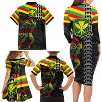 Kanaka Maoli Running Family Matching Long Sleeve Bodycon Dress and Hawaiian Shirt Kakau Pattern with Kanaka Maoli Flag Color