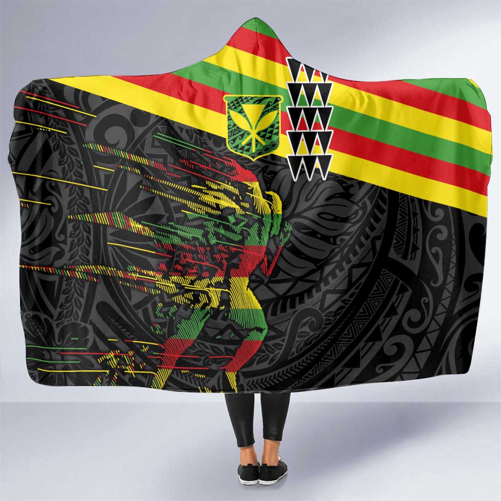 Kanaka Maoli Running Hooded Blanket Kakau Pattern with Kanaka Maoli Flag Color LT03 One Size Black - Polynesian Pride