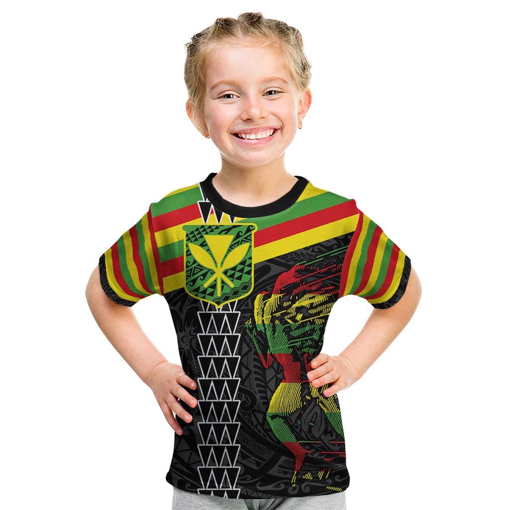 Kanaka Maoli Running Kid T Shirt Kakau Pattern with Kanaka Maoli Flag Color LT03 Black - Polynesian Pride