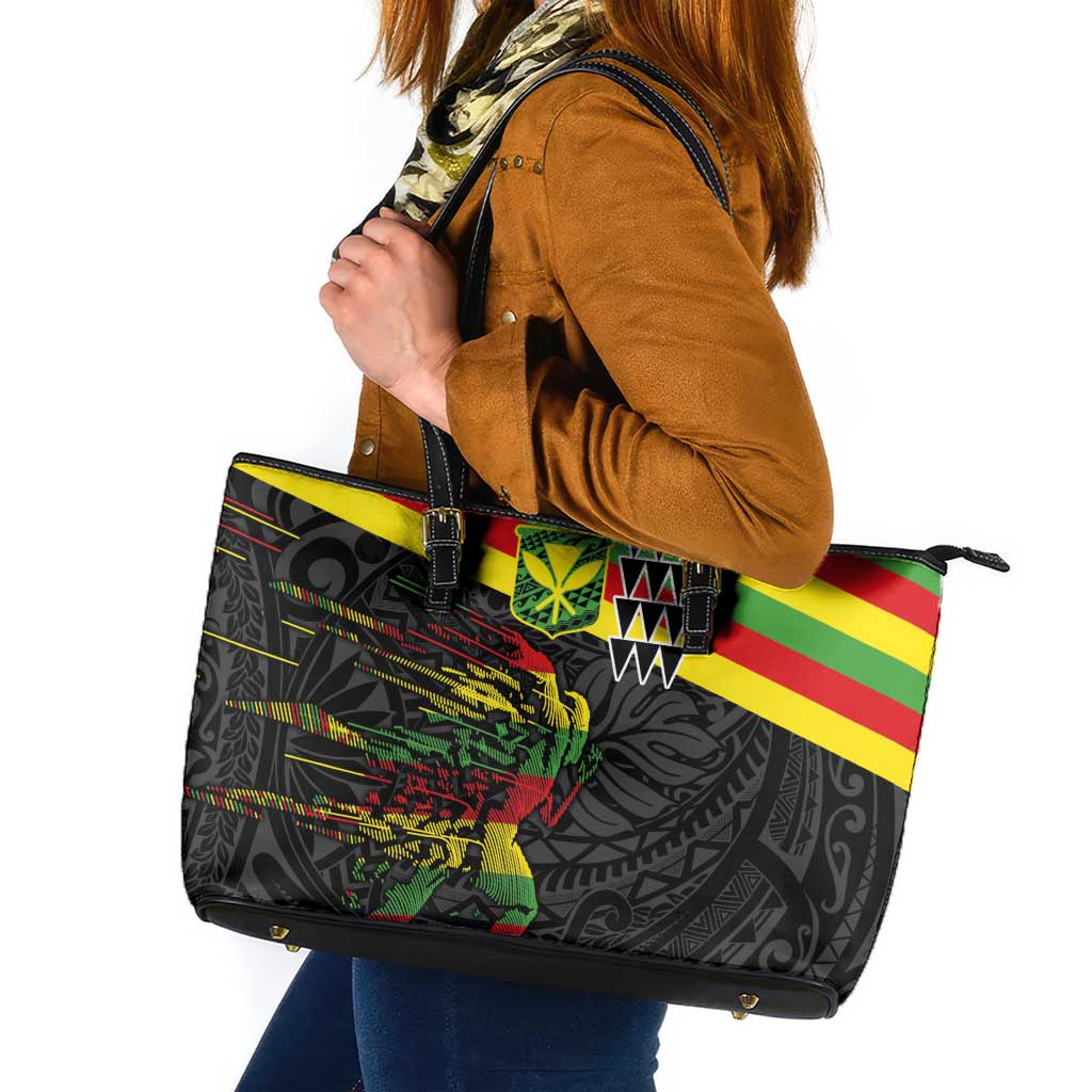 Kanaka Maoli Running Leather Tote Bag Kakau Pattern with Kanaka Maoli Flag Color LT03 Black - Polynesian Pride
