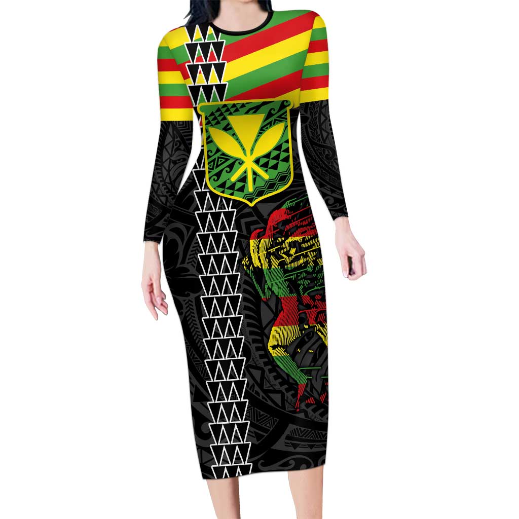 Kanaka Maoli Running Long Sleeve Bodycon Dress Kakau Pattern with Kanaka Maoli Flag Color LT03 Long Dress Black - Polynesian Pride