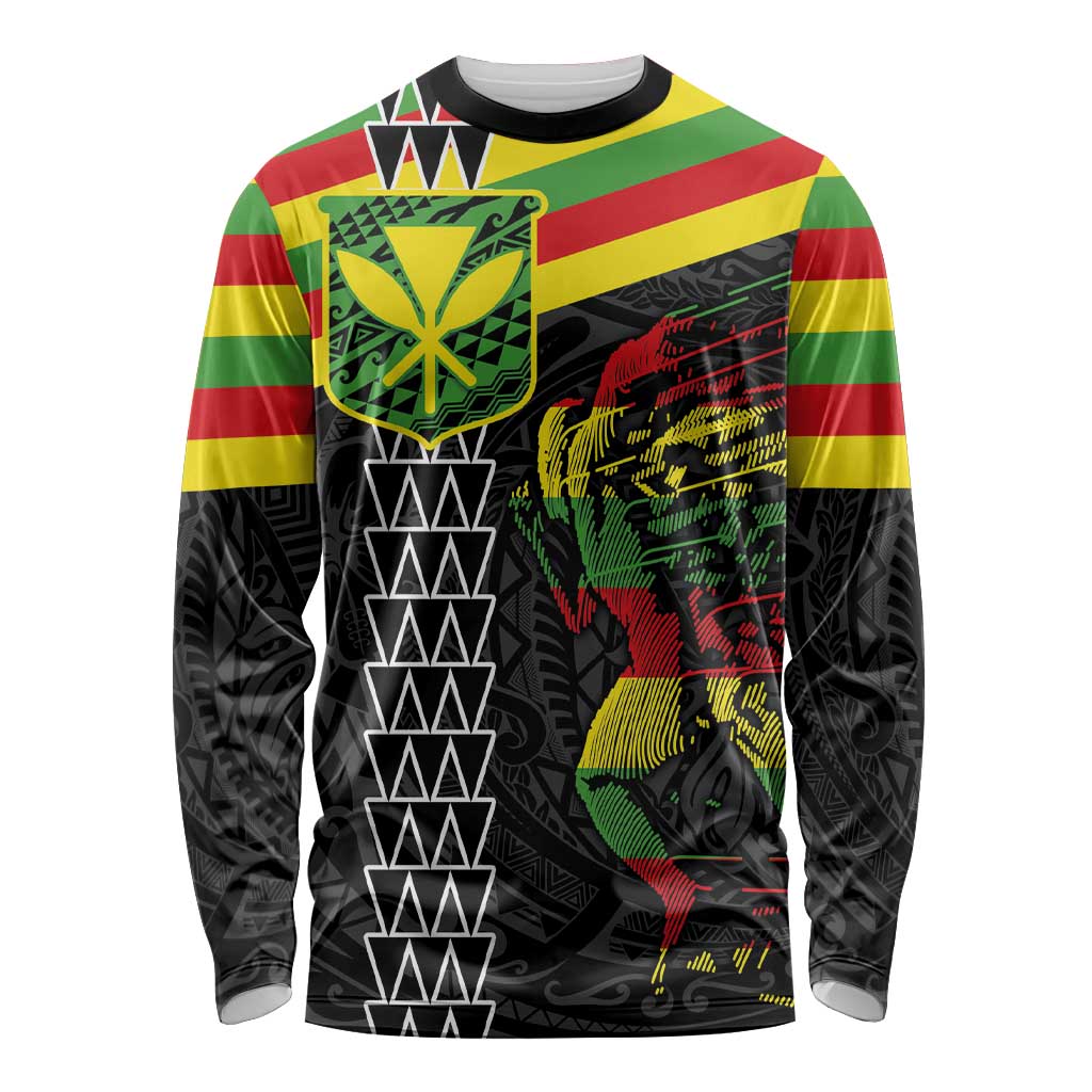 Kanaka Maoli Running Long Sleeve Shirt Kakau Pattern with Kanaka Maoli Flag Color LT03 Unisex Black - Polynesian Pride