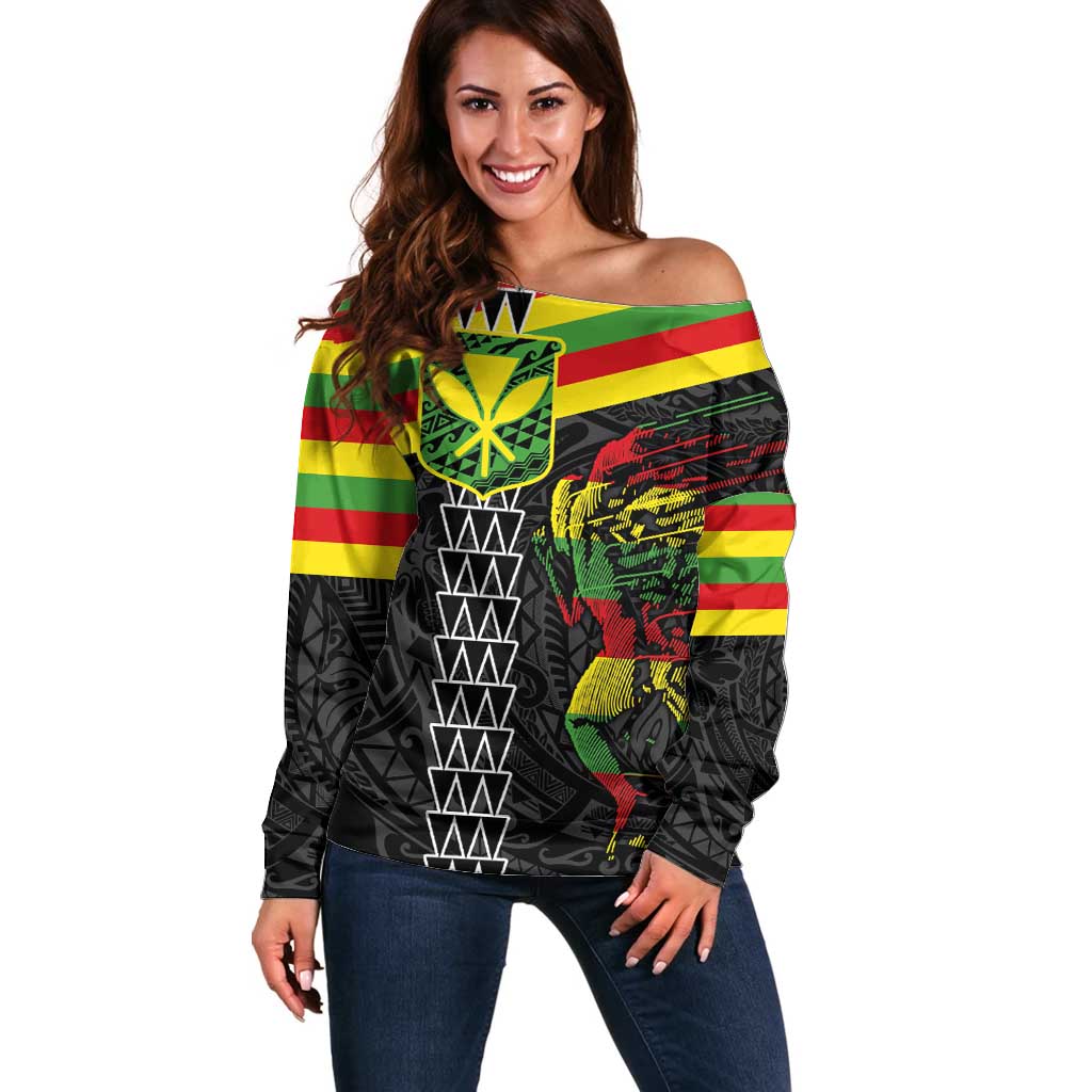 Kanaka Maoli Running Off Shoulder Sweater Kakau Pattern with Kanaka Maoli Flag Color LT03 Women Black - Polynesian Pride