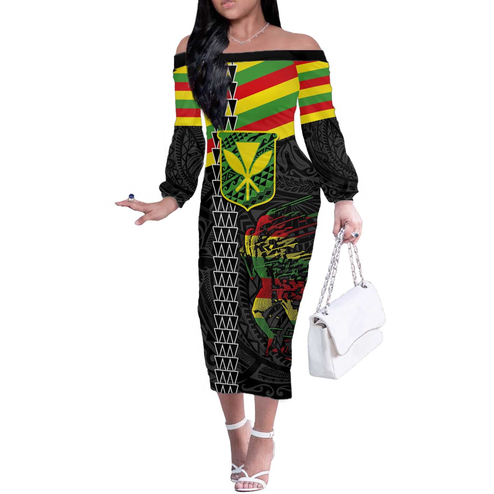 Kanaka Maoli Running Off The Shoulder Long Sleeve Dress Kakau Pattern with Kanaka Maoli Flag Color LT03 Women Black - Polynesian Pride