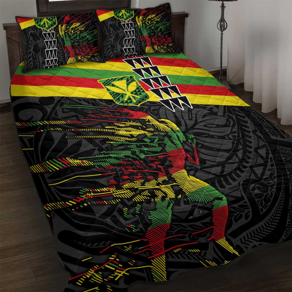 Kanaka Maoli Running Quilt Bed Set Kakau Pattern with Kanaka Maoli Flag Color LT03 Black - Polynesian Pride