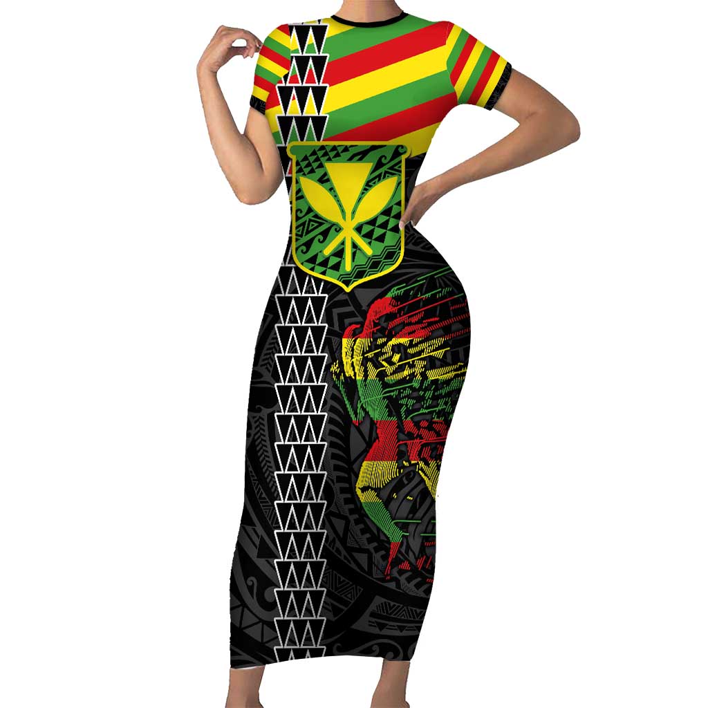 Kanaka Maoli Running Short Sleeve Bodycon Dress Kakau Pattern with Kanaka Maoli Flag Color LT03 Long Dress Black - Polynesian Pride
