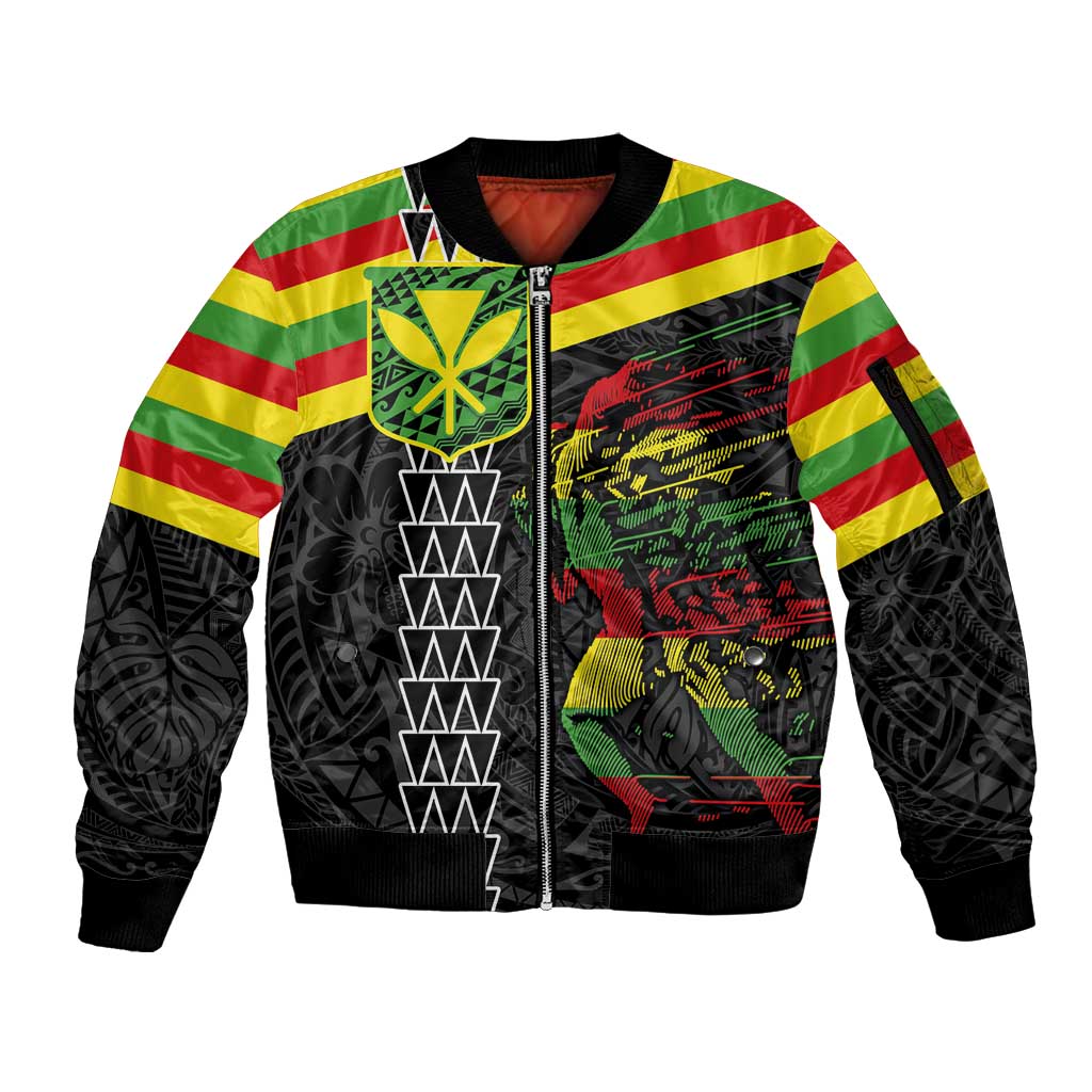 Kanaka Maoli Running Sleeve Zip Bomber Jacket Kakau Pattern with Kanaka Maoli Flag Color LT03 Unisex Black - Polynesian Pride