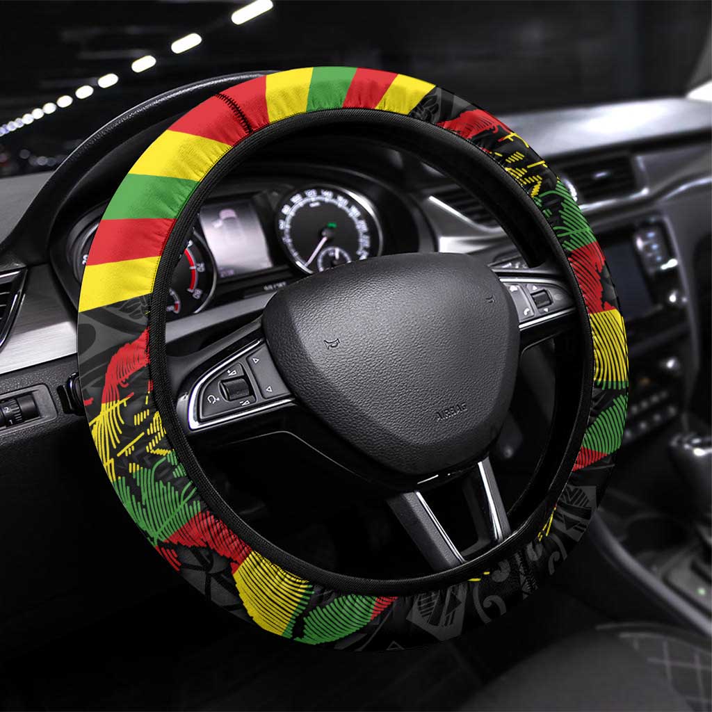 Kanaka Maoli Running Steering Wheel Cover Kakau Pattern with Kanaka Maoli Flag Color LT03 Universal Fit Black - Polynesian Pride
