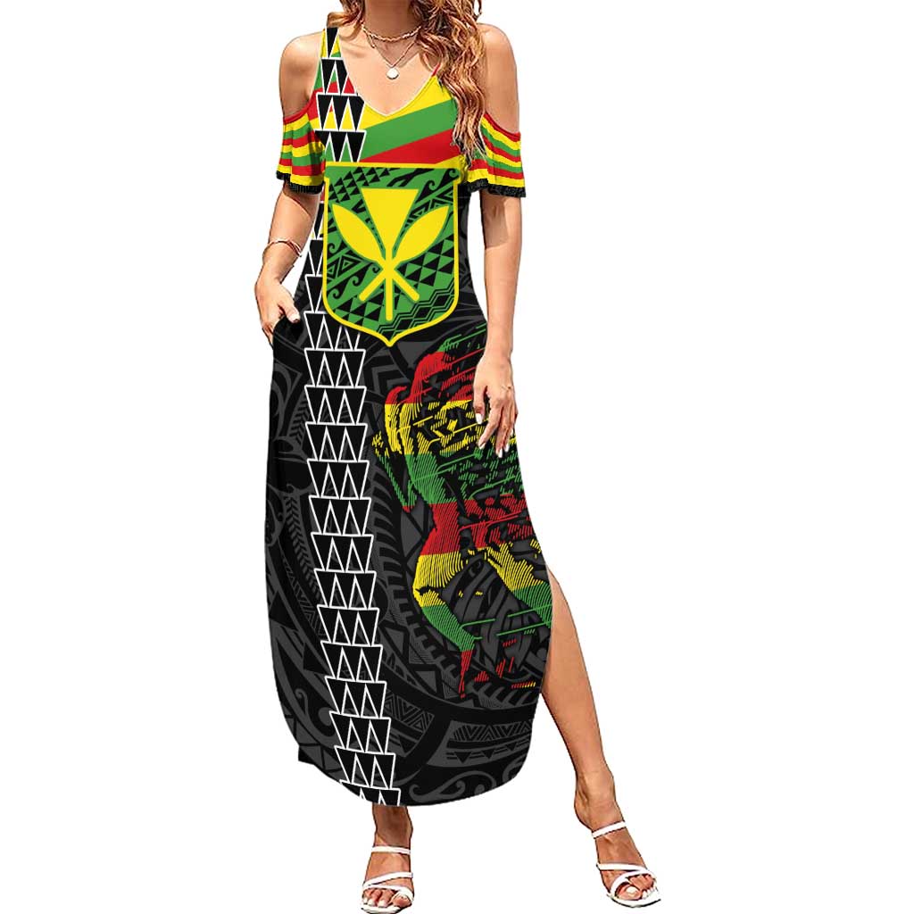 Kanaka Maoli Running Summer Maxi Dress Kakau Pattern with Kanaka Maoli Flag Color LT03 Women Black - Polynesian Pride