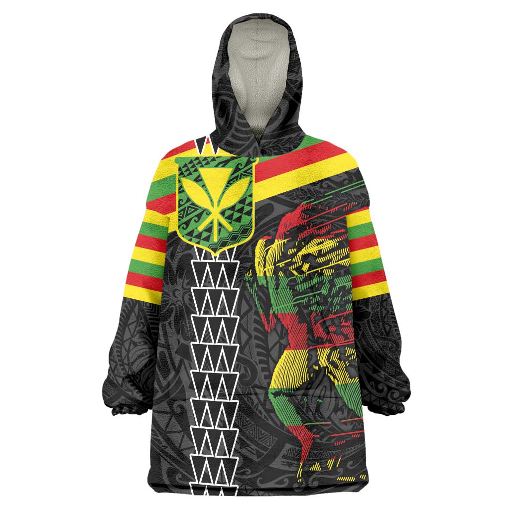 Kanaka Maoli Running Wearable Blanket Hoodie Kakau Pattern with Kanaka Maoli Flag Color LT03 One Size Black - Polynesian Pride