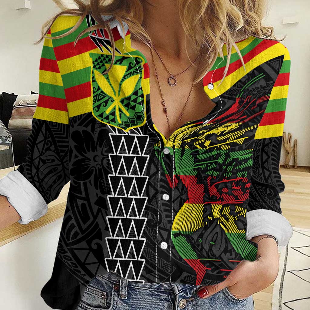 Kanaka Maoli Running Women Casual Shirt Kakau Pattern with Kanaka Maoli Flag Color LT03 Female Black - Polynesian Pride