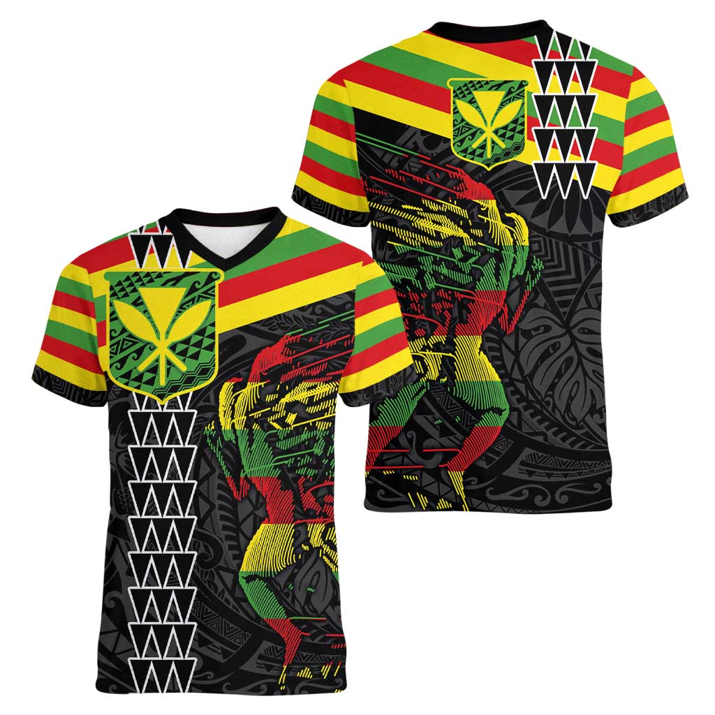 Kanaka Maoli Running Women V-Neck T-Shirt Kakau Pattern with Kanaka Maoli Flag Color