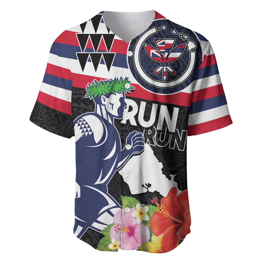 Honolulu Running Race Baseball Jersey Hawaii Marathon Kakau Art with Hibiscus and National Flag Style LT03 Blue and White - Polynesian Pride