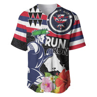 Honolulu Running Race Baseball Jersey Hawaii Marathon Kakau Art with Hibiscus and National Flag Style LT03 Blue and White - Polynesian Pride