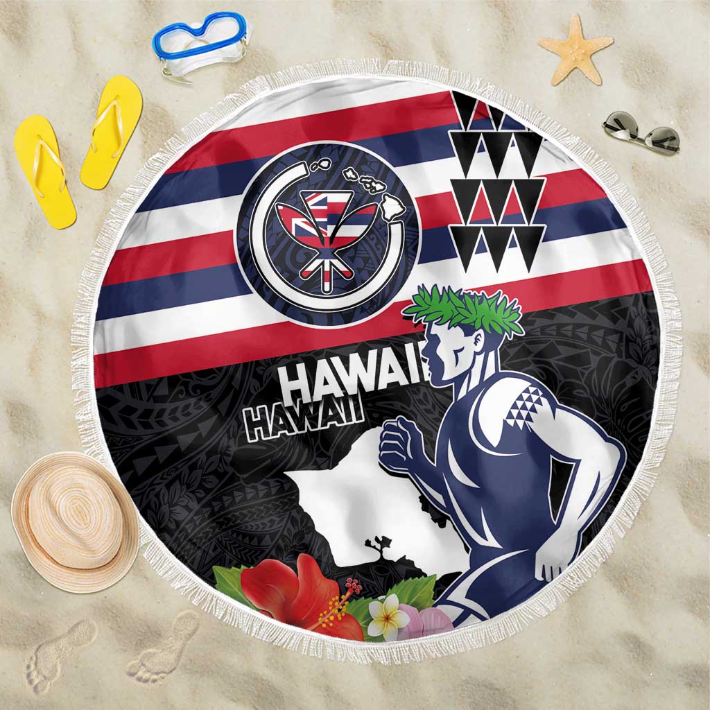 Honolulu Running Race Beach Blanket Hawaii Marathon Kakau Art with Hibiscus and National Flag Style LT03 One Size 150cm Blue and White - Polynesian Pride