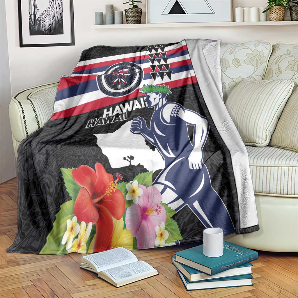 Honolulu Running Race Blanket Hawaii Marathon Kakau Art with Hibiscus and National Flag Style LT03 Blue and White - Polynesian Pride