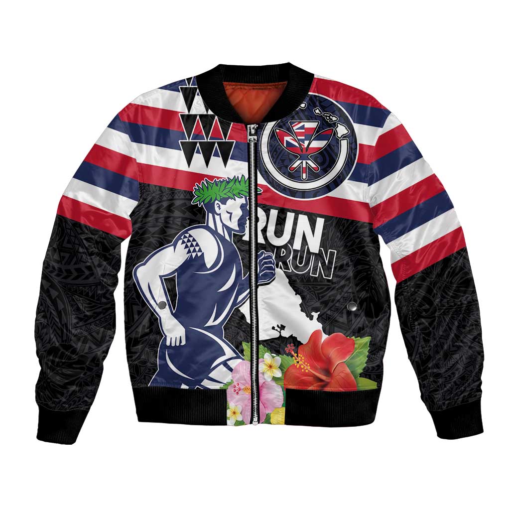 Honolulu Running Race Bomber Jacket Hawaii Marathon Kakau Art with Hibiscus and National Flag Style LT03 Unisex Blue and White - Polynesian Pride
