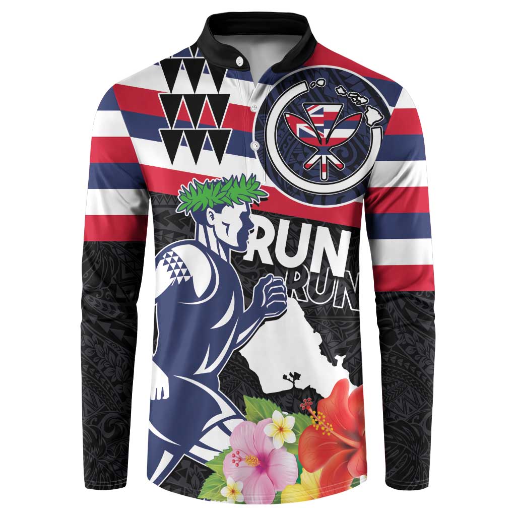 Honolulu Running Race Button Sweatshirt Hawaii Marathon Kakau Art with Hibiscus and National Flag Style LT03 Blue and White - Polynesian Pride