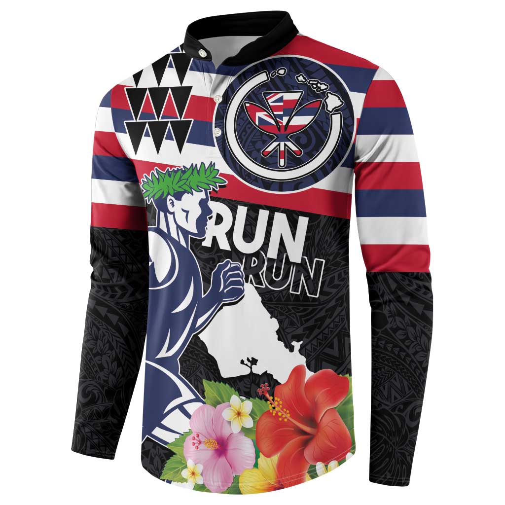 Honolulu Running Race Button Sweatshirt Hawaii Marathon Kakau Art with Hibiscus and National Flag Style LT03 - Polynesian Pride