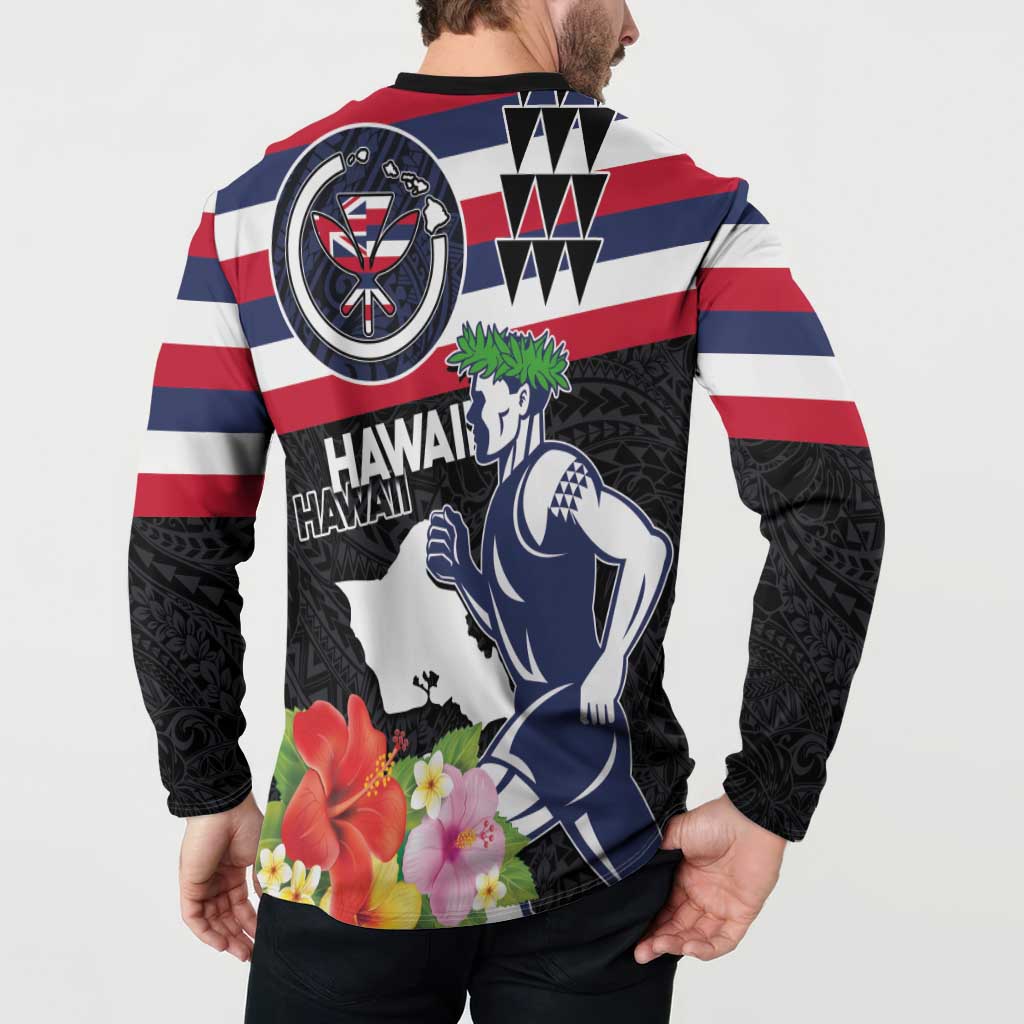 Honolulu Running Race Button Sweatshirt Hawaii Marathon Kakau Art with Hibiscus and National Flag Style LT03 - Polynesian Pride