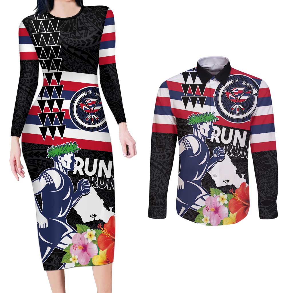 Honolulu Running Race Couples Matching Long Sleeve Bodycon Dress and Long Sleeve Button Shirt Hawaii Marathon Kakau Art with Hibiscus and National Flag Style LT03 Blue and White - Polynesian Pride