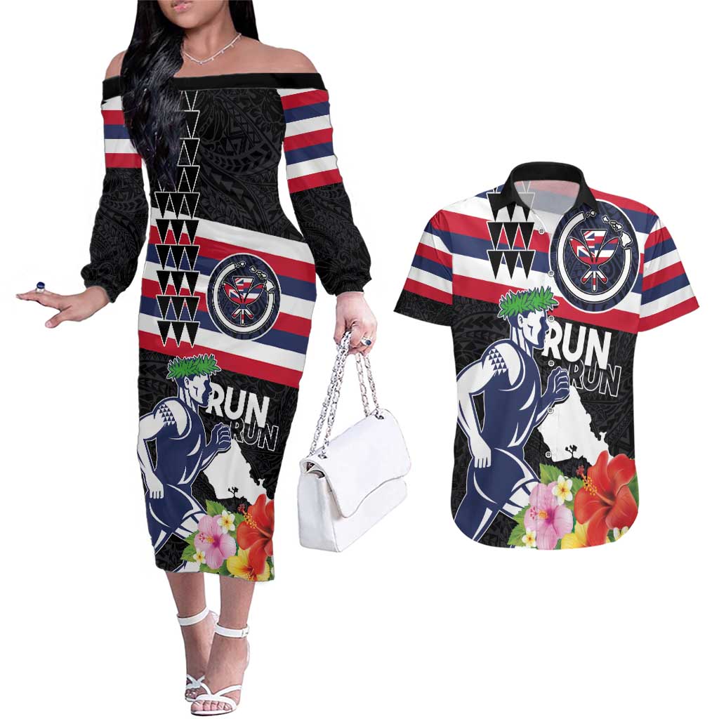 Honolulu Running Race Couples Matching Off The Shoulder Long Sleeve Dress and Hawaiian Shirt Hawaii Marathon Kakau Art with Hibiscus and National Flag Style LT03 Blue and White - Polynesian Pride
