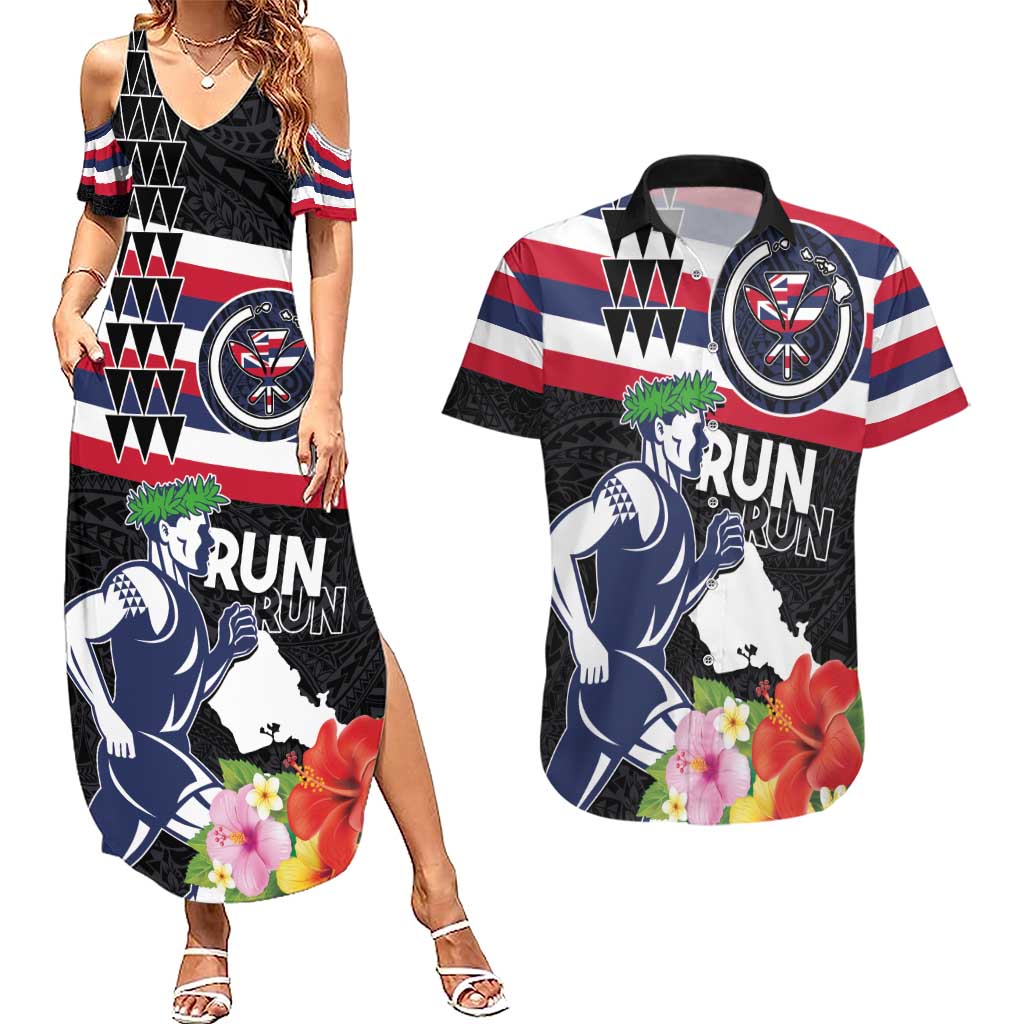 Honolulu Running Race Couples Matching Summer Maxi Dress and Hawaiian Shirt Hawaii Marathon Kakau Art with Hibiscus and National Flag Style LT03 Blue and White - Polynesian Pride