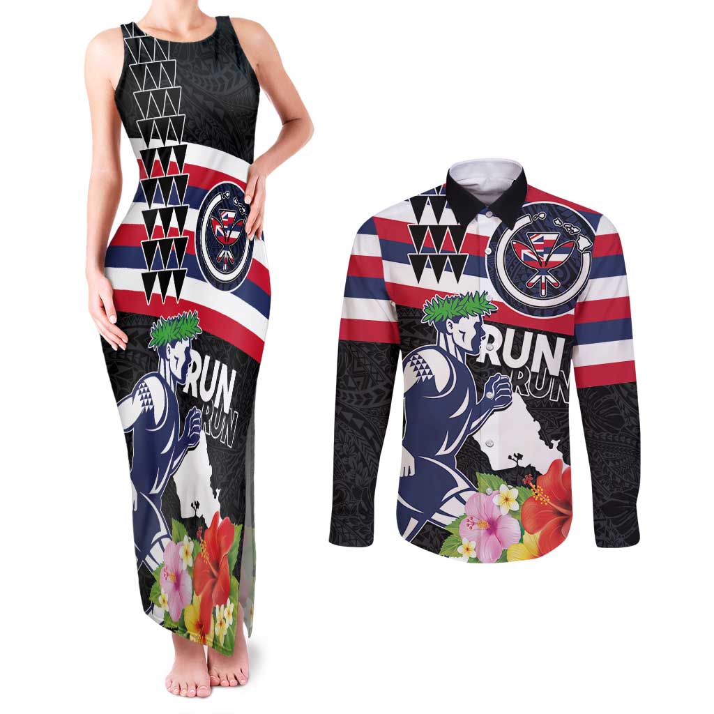 Honolulu Running Race Couples Matching Tank Maxi Dress and Long Sleeve Button Shirt Hawaii Marathon Kakau Art with Hibiscus and National Flag Style LT03 Blue and White - Polynesian Pride