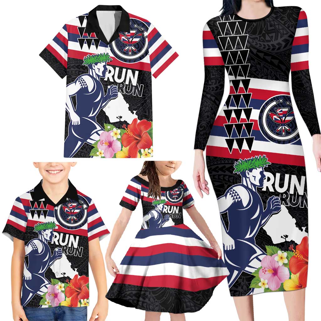 Honolulu Running Race Family Matching Long Sleeve Bodycon Dress and Hawaiian Shirt Hawaii Marathon Kakau Art with Hibiscus and National Flag Style