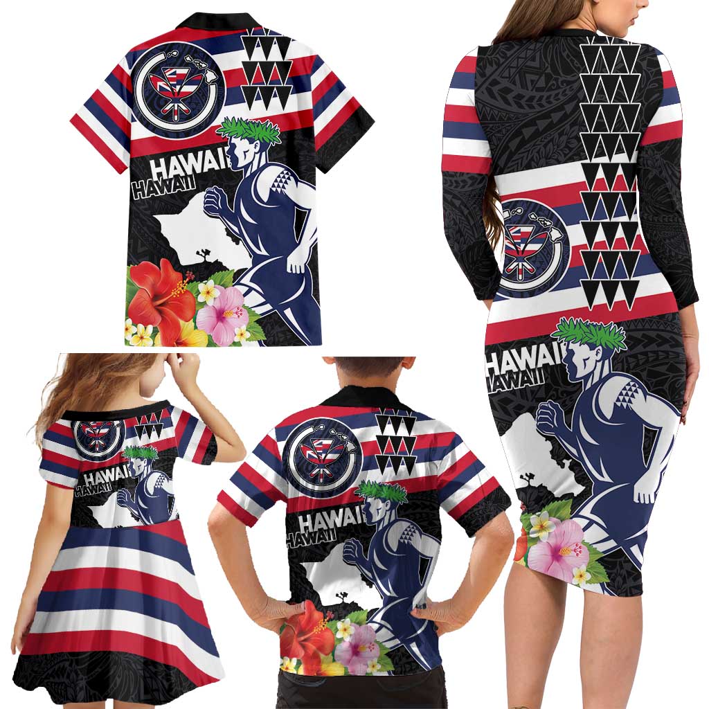 Honolulu Running Race Family Matching Long Sleeve Bodycon Dress and Hawaiian Shirt Hawaii Marathon Kakau Art with Hibiscus and National Flag Style