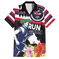 Honolulu Running Race Family Matching Off Shoulder Short Dress and Hawaiian Shirt Hawaii Marathon Kakau Art with Hibiscus and National Flag Style LT03 Dad's Shirt - Short Sleeve Blue and White - Polynesian Pride