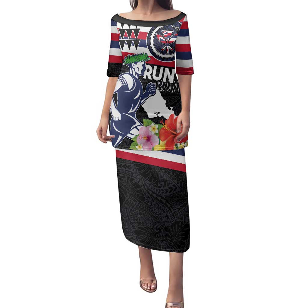 Honolulu Running Race Family Matching Puletasi and Hawaiian Shirt Hawaii Marathon Kakau Art with Hibiscus and National Flag Style