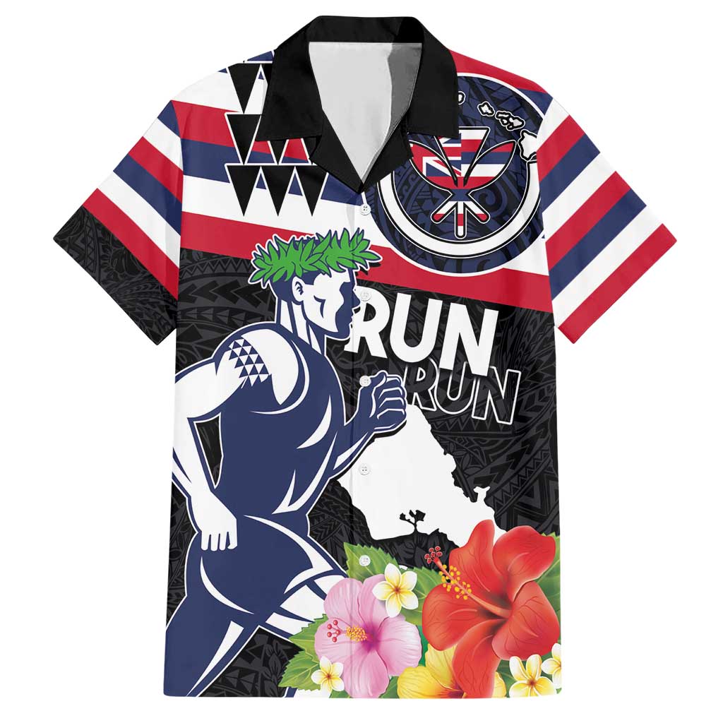 Honolulu Running Race Family Matching Short Sleeve Bodycon Dress and Hawaiian Shirt Hawaii Marathon Kakau Art with Hibiscus and National Flag Style LT03 Dad's Shirt - Short Sleeve Blue and White - Polynesian Pride