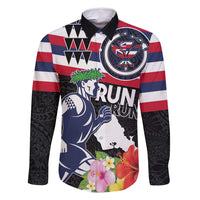 Honolulu Running Race Family Matching Summer Maxi Dress and Hawaiian Shirt Hawaii Marathon Kakau Art with Hibiscus and National Flag Style LT03 Dad's Shirt - Long Sleeve Blue and White - Polynesian Pride