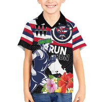 Honolulu Running Race Family Matching Summer Maxi Dress and Hawaiian Shirt Hawaii Marathon Kakau Art with Hibiscus and National Flag Style LT03 Son's Shirt Blue and White - Polynesian Pride