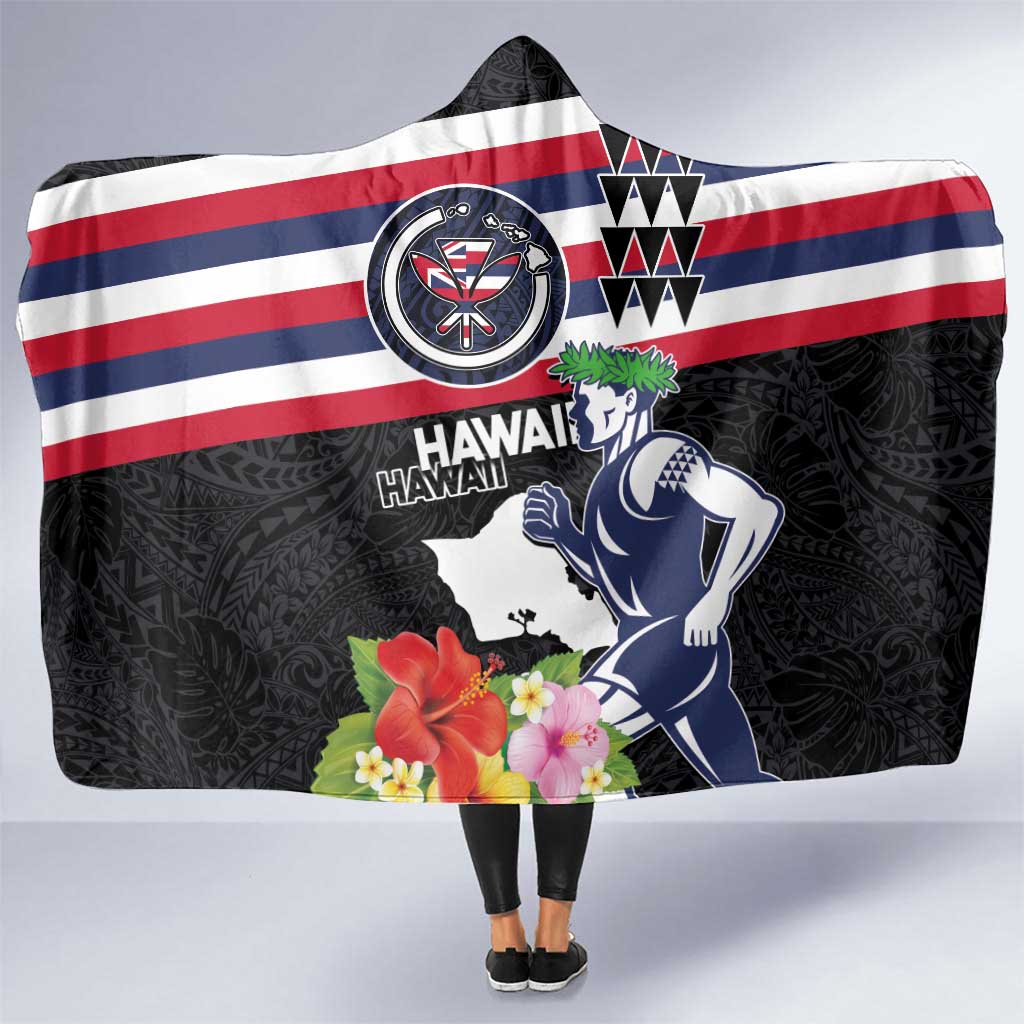 Honolulu Running Race Hooded Blanket Hawaii Marathon Kakau Art with Hibiscus and National Flag Style LT03 One Size Blue and White - Polynesian Pride