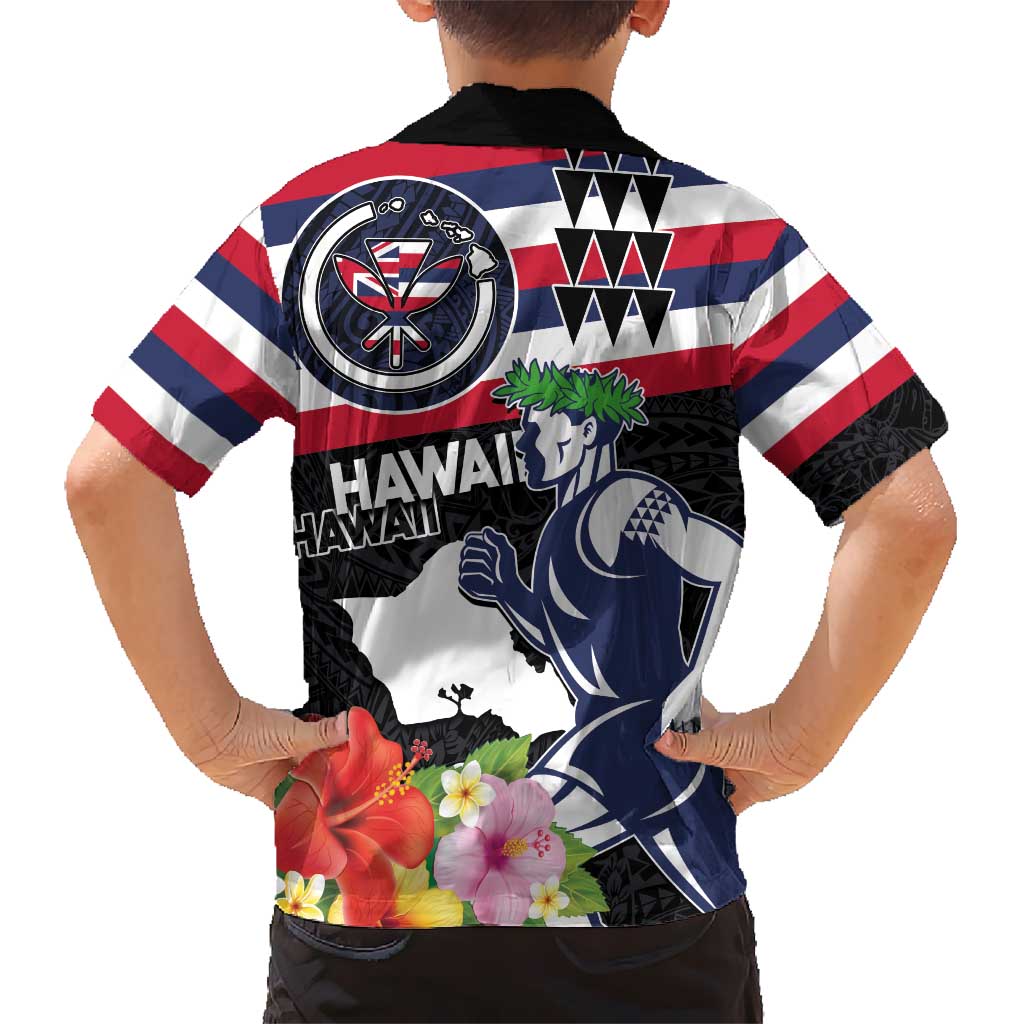 Honolulu Running Race Kid Hawaiian Shirt Hawaii Marathon Kakau Art with Hibiscus and National Flag Style LT03 - Polynesian Pride