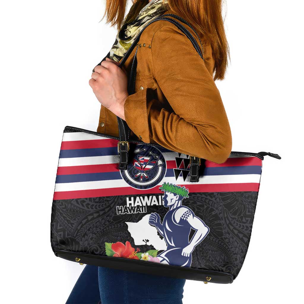 Honolulu Running Race Leather Tote Bag Hawaii Marathon Kakau Art with Hibiscus and National Flag Style LT03 Blue and White - Polynesian Pride