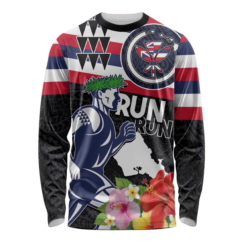 Honolulu Running Race Long Sleeve Shirt Hawaii Marathon Kakau Art with Hibiscus and National Flag Style LT03 Unisex Blue and White - Polynesian Pride