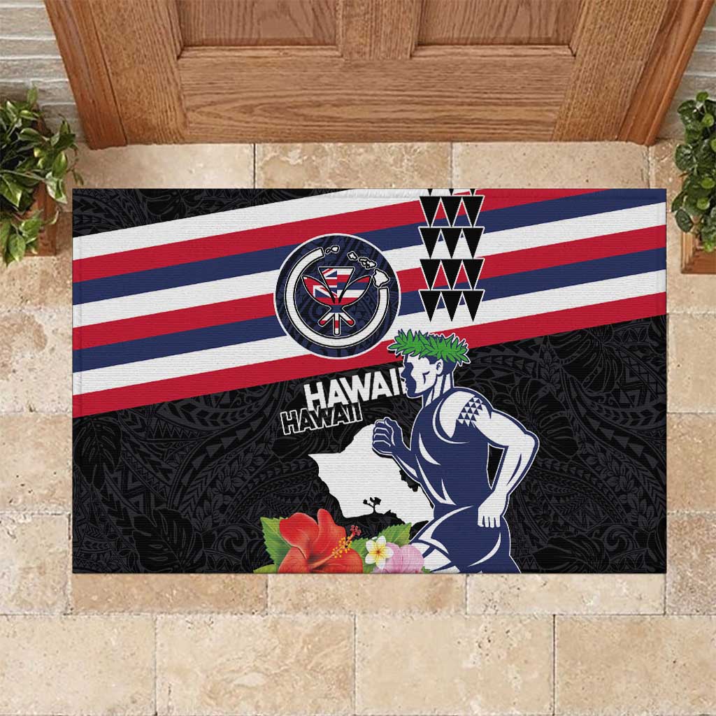 Honolulu Running Race Rubber Doormat Hawaii Marathon Kakau Art with Hibiscus and National Flag Style LT03 Blue and White - Polynesian Pride